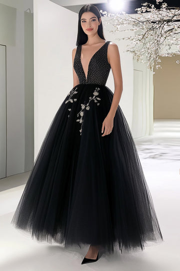 A Line Tulle Beaded V Neck Black Prom Dress